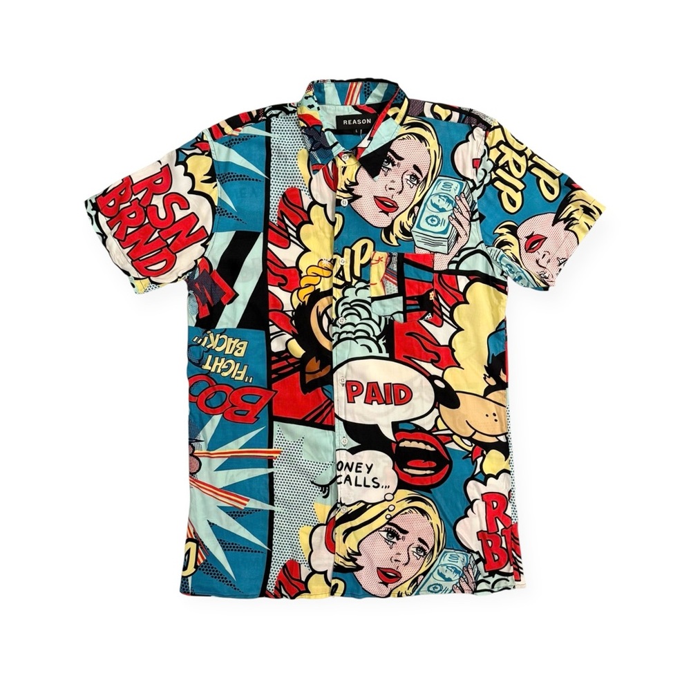 REASON “Money Talks” Men's Pop Art Multicolor Comic Shirt, Size L